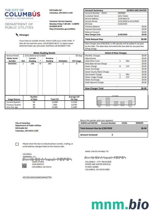 Szablon rachunku za media w USA Ohio City Of Columbus w formacie Word i PDF